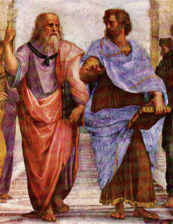 Plato and Aristotle discussing philosophy